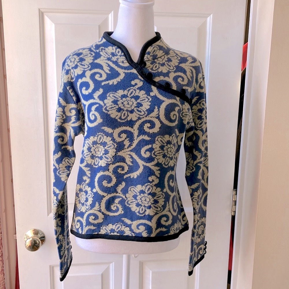 Covelo Silk Wool Cotton Blend Sweater Blue & Yellow Raised Mock Neck Size M